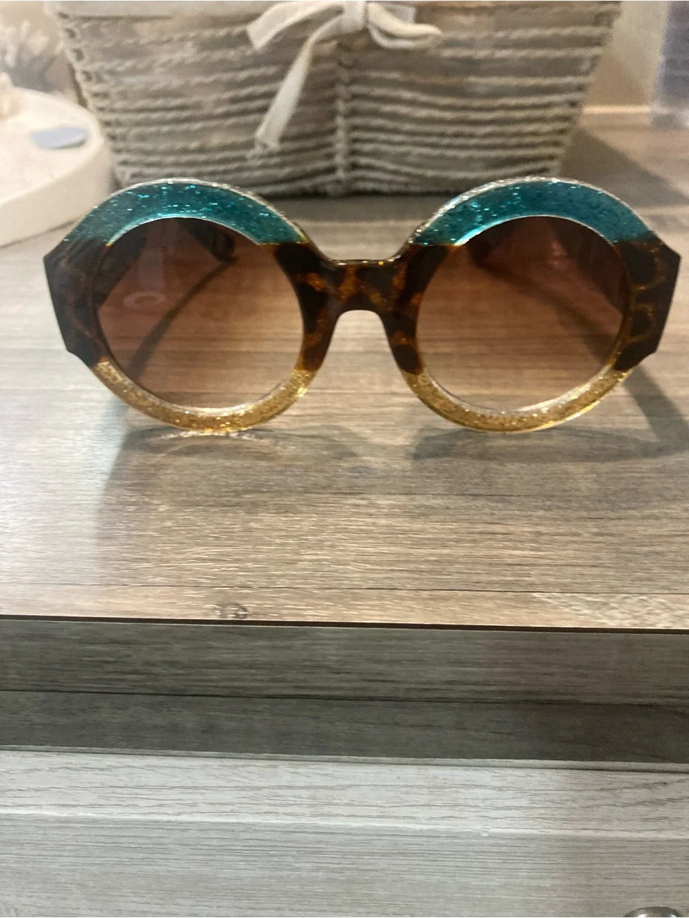 Tortoiseshell Round Sunglasses with Teal & Gold Glitter Accents